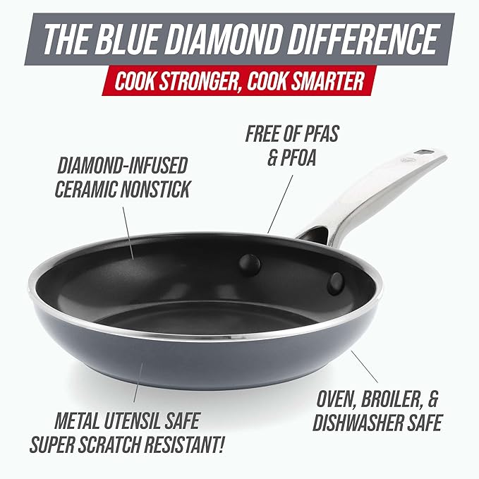 Blue Diamond 8" Nonstick Frying Pan Skillet, Ceramic Diamond Infused PFAS-Free, Dishwasher & Oven Safe, Stay Cool Handle, Durable Non Toxic Metal Utensil Safe, Egg & Omelet Pan, Gray