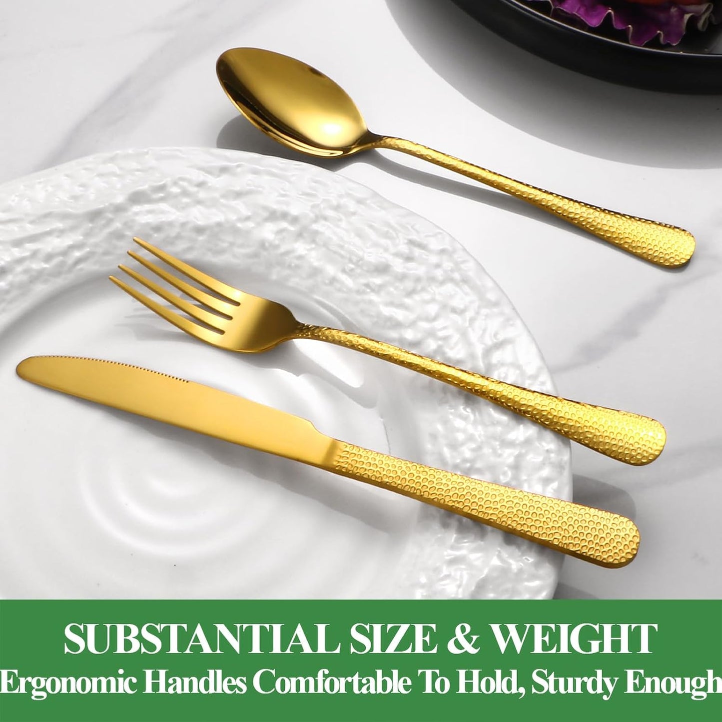 20 Pcs Gold Silverware Set for 4 with Hammered Design, Food Grade Stainless Steel Flatware Set, Eating Utensils Sets Include Fork/Knife/Spoon, Cutlery Set, Dishwasher Safe