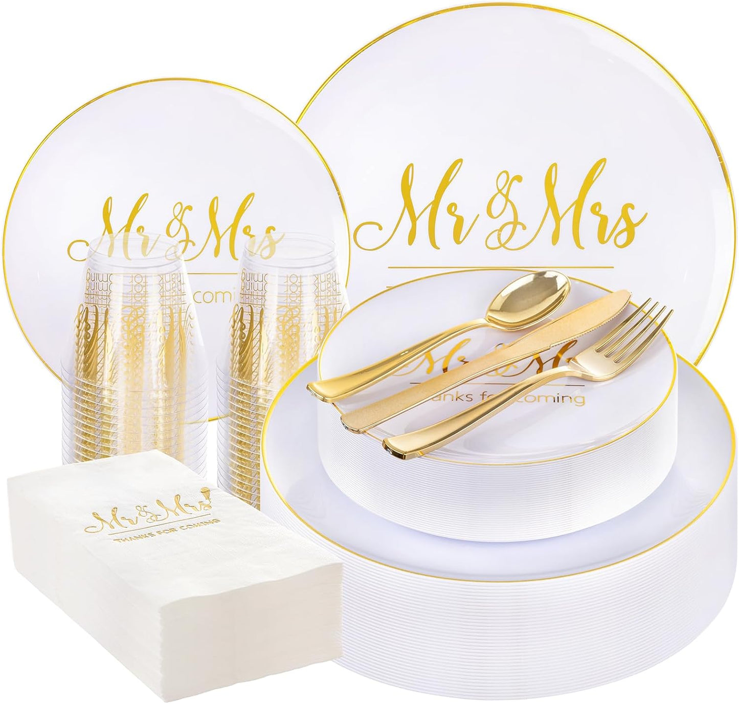 I00000 Mr and Mrs Wedding Plastic Plates and Napkins Set,Bridal Shower Plates Set for 25 Guests Include 25 Dinner Platos,25 Dessert Platos,25 Cups,25 Napkins,25 Gold Cutlery for Engagement Party Decor