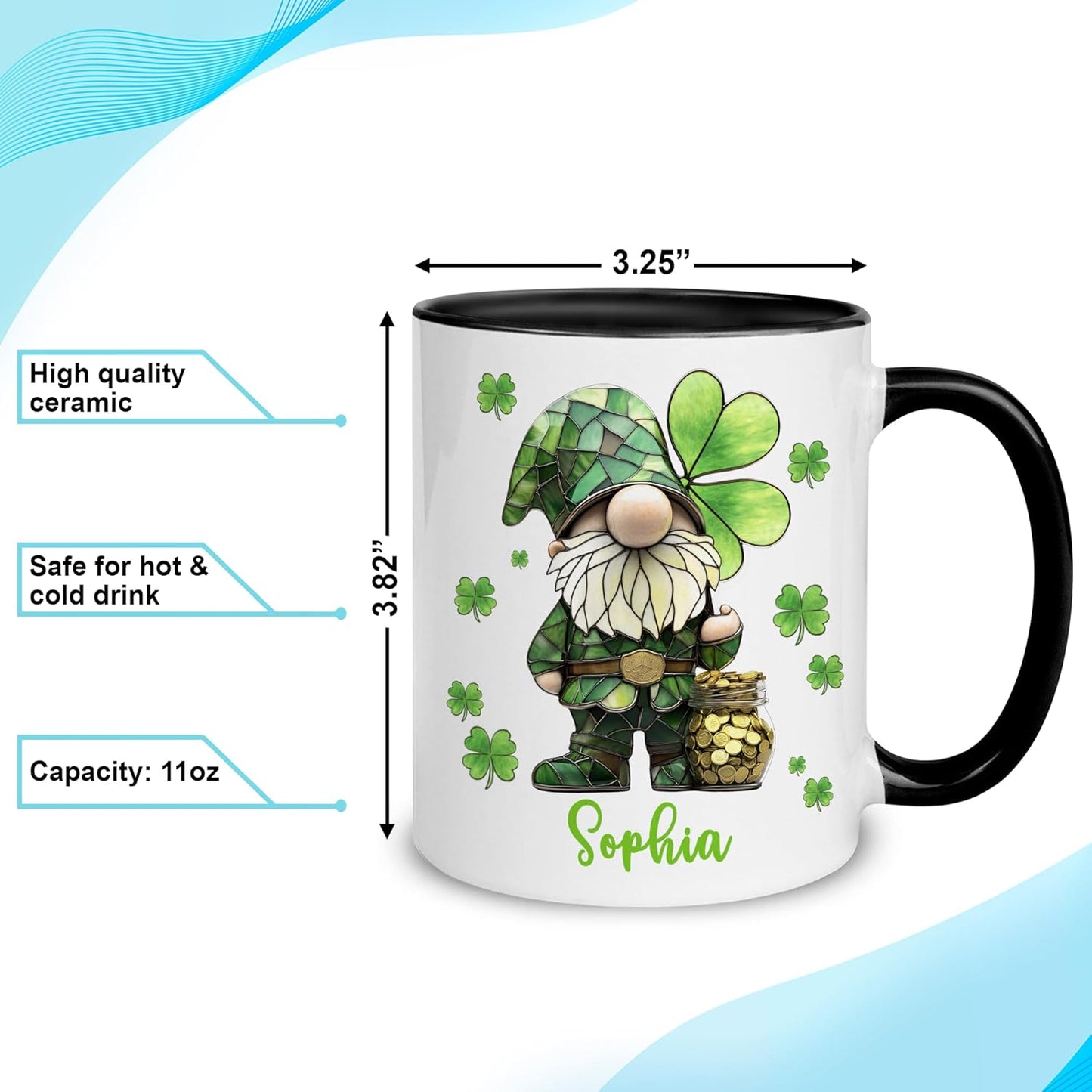 Hyturtle Personalized Gnome Mug - Cute Gnome Gift For Women - Lucky Gift For Gnome Lover - Gnome St. Patricks Day Decorations - Gnome Gifts - Custom Name Coffee Cup Ceramic Mug 11oz 15oz