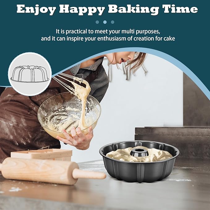 P&P CHEF 10 Inch Gray Non-stick Cake Pan, Carbon Steel Fluted Tube Round Baking Pan for Pound Cake, 10-Cup Large Capacity Bakeware, Healthy & Heavy Duty, 2 Pieces