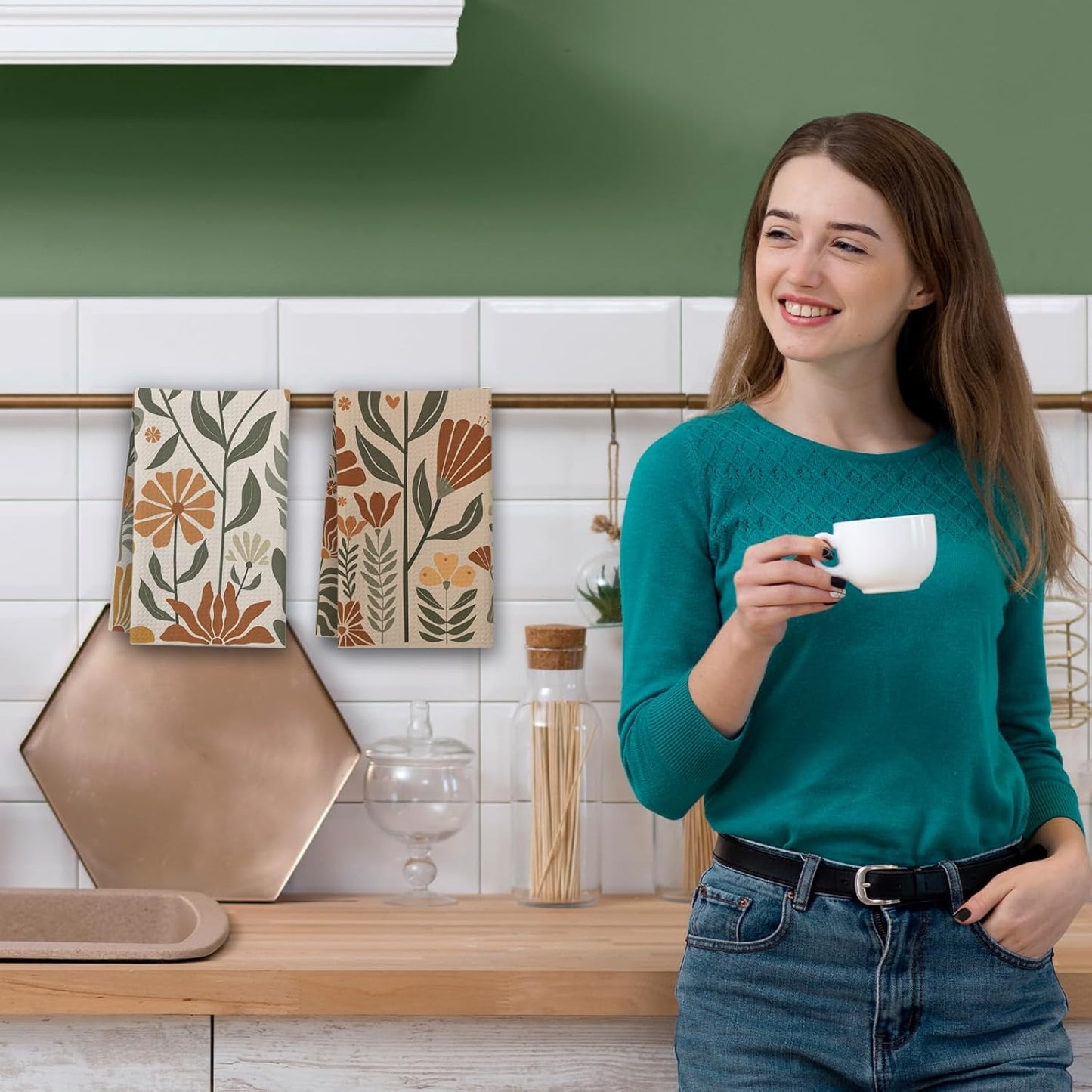 Boho Floral Kitchen Towels, Abstract Flowers House Hand Towel Set of 2, Vintage Gifts for Home Bathroom Holiday Decor - A03