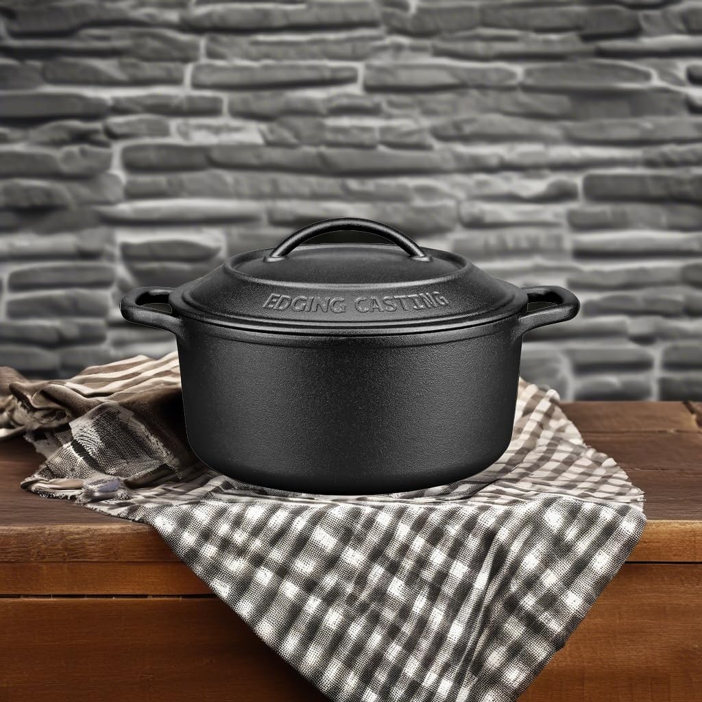 Pre-Seasoned Cast Iron Dutch Oven Pot with Lid Dual Handle, Sourdough Bread Baking Pots， Round 5 Quart, Black