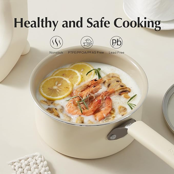 Redchef Ceramic Nonstick Saucepan with Lid, 3QT Small Cooking Pot, Non Toxic Sauce Pans for Kitchen, Cool Handle PFAS Free Compatible with All Cooktops, White