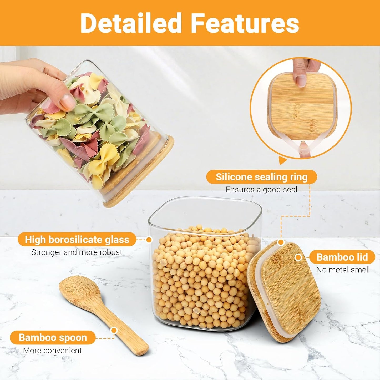 Glass Jar with Lid, 4 Pack 24 Fl.oz Square Glass Containers with Bamboo Lids, Food Jars Pantry Storage Canister for Sugar, Coffee Bean, Tea, Snacks, Cookie - Included Labels, Marker and Spoon