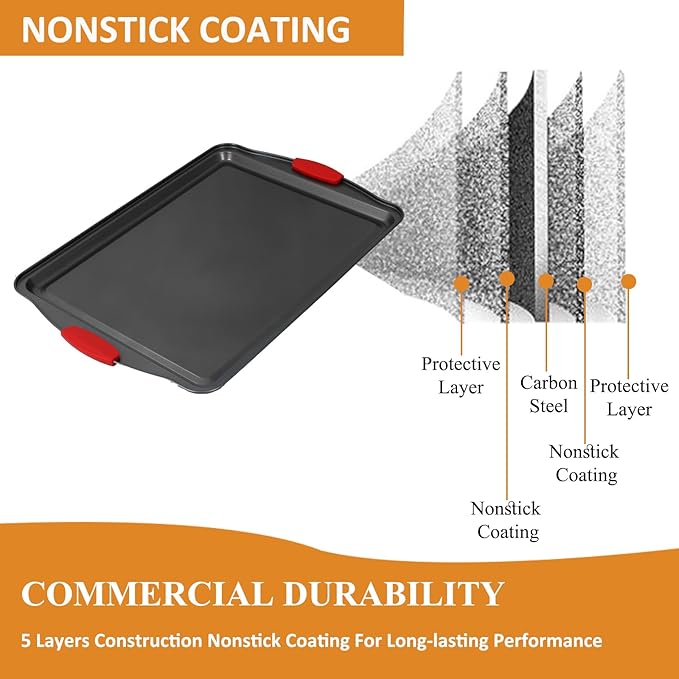 3-Piece Baking Pan Set - Nonstick Cookie Sheets with Silicone Handles, Carbon Steel Bakeware for Oven, Stackable Baking Trays Set - Home Kitchen Bakeware