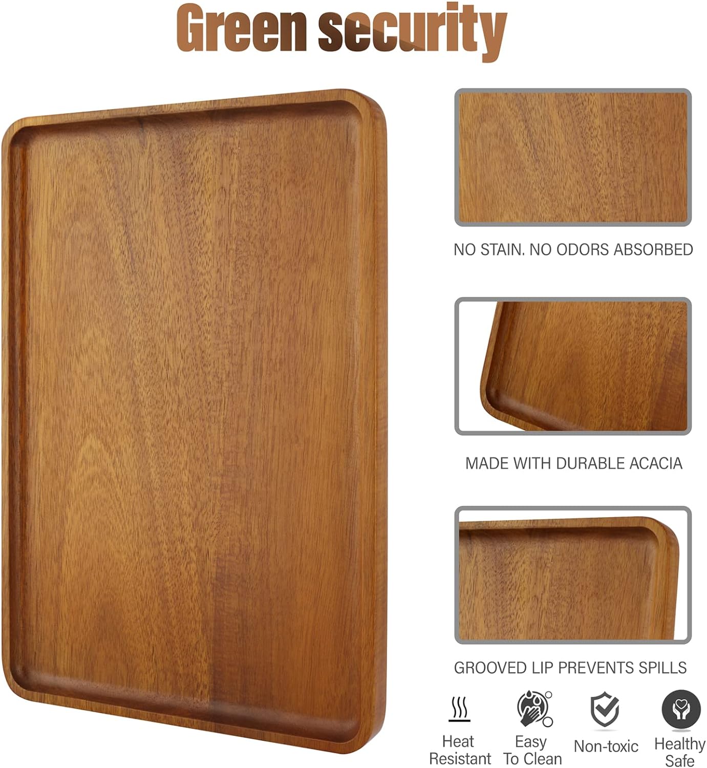 16" x12" Large Solid Acacia Wood Serving Tray Rectangular Wooden Serving Platter Natural Wooden Board for Bar Coffee Party