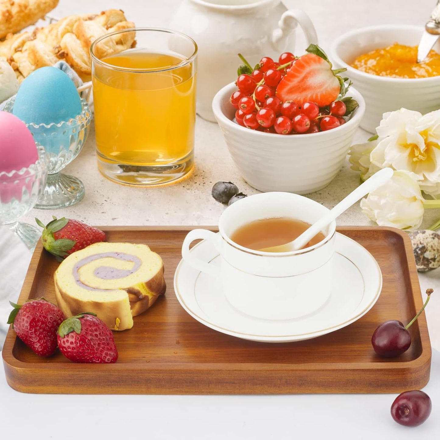 1 pcs 13"x 9" Solid Acacia Wood Serving Tray Rectangular Wooden Serving Platter Natural Wooden Board for Bar Coffee Party