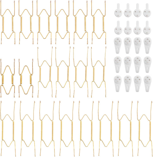 Bilillo 20 Pieces Stainless Steel Spring Plate Hangers for The Wall, 4/6/8/10 Inch Invisible Wire Holders with 20 Pcs Wall Hooks, Fit 4-11 Inch Decorative Plates, Platters & Dishes (Gold)