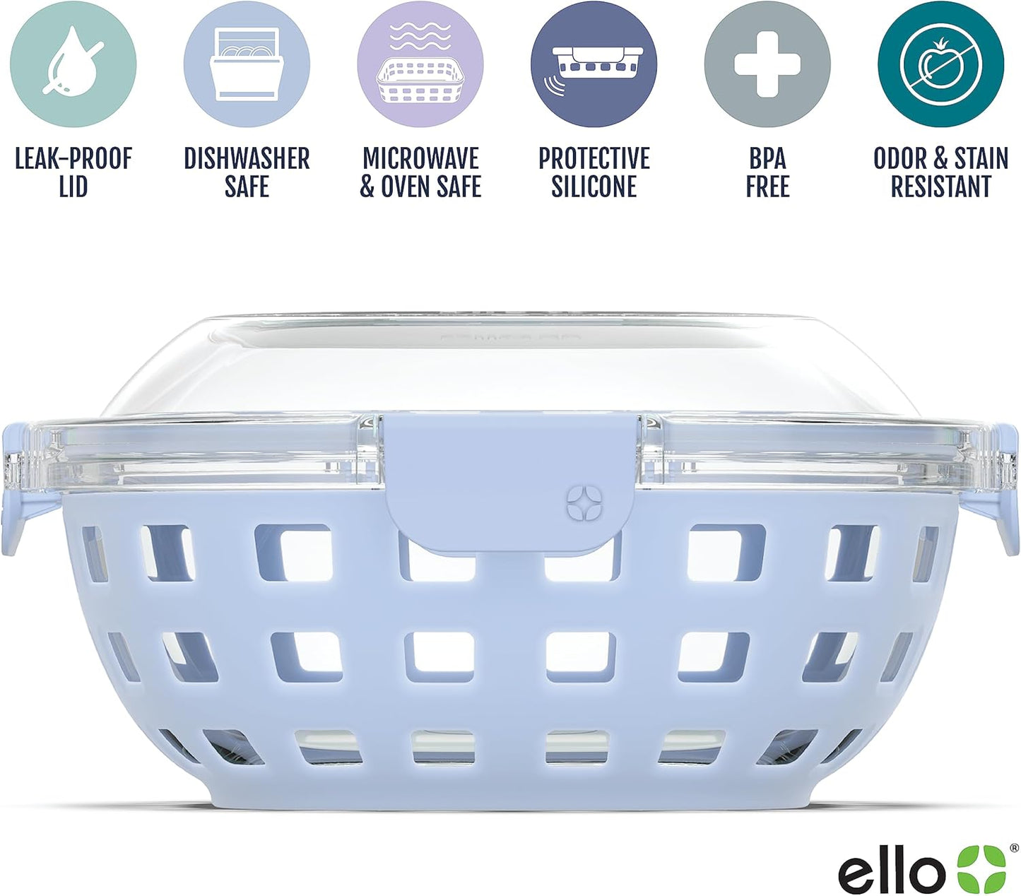 Ello Duraglass Meal Prep Lunch Bowl Container, 5 cup- Glass Food Storage Container with Silicone Sleeve and Airtight BPA-Free Plastic Lid, Dishwasher, Microwave, and Freezer Safe