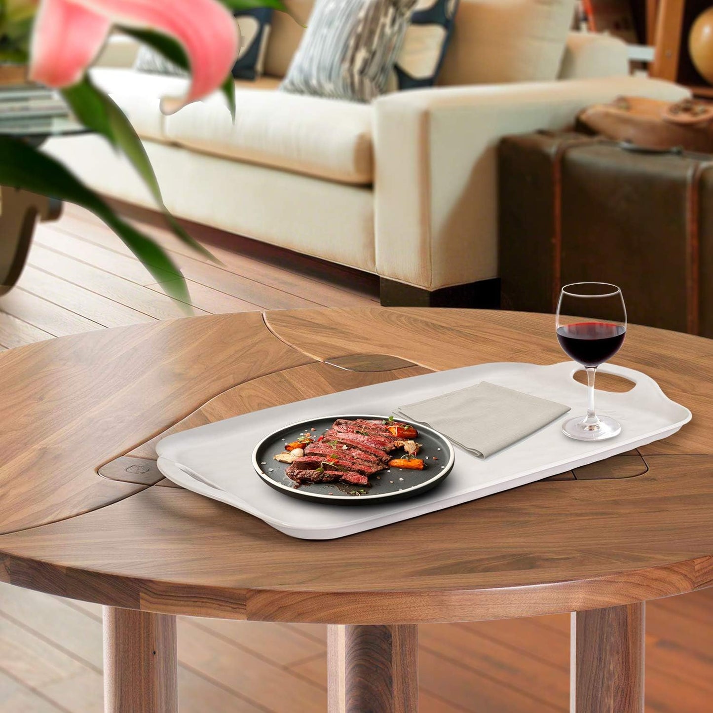 TP Serving Tray with Handles, Large Rectangle Melamine Serving Platter Set of 2, Pure White (19” x 12”)