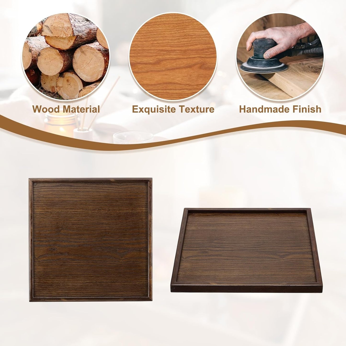 Wooden Serving Tray Square Wood Serving Tray Decorative Platter, 14.2x14.2 Inch Fit for Home Decor Kitchen Coffee Table Candle Holder, (Brown)
