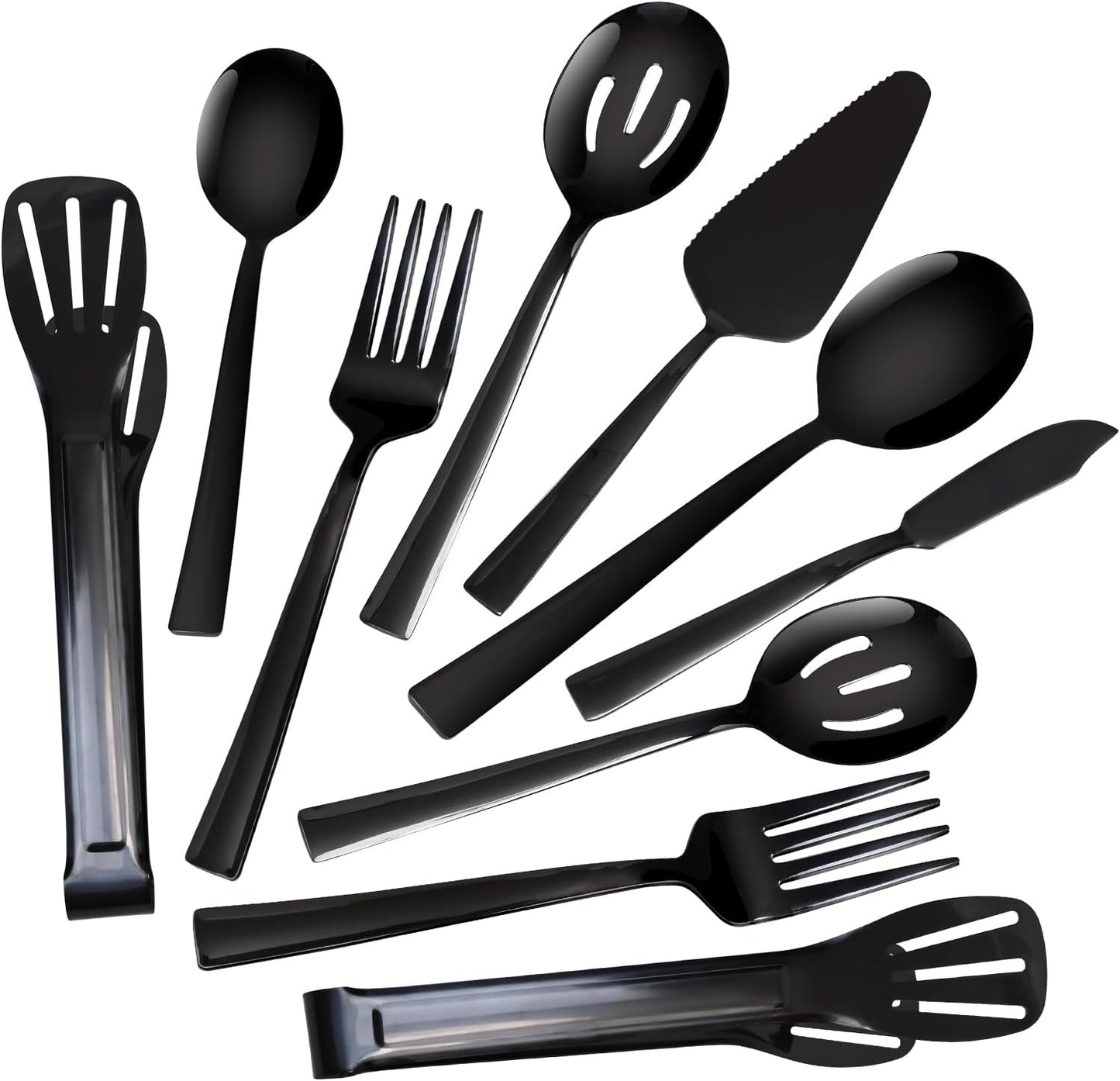 10 Piece Serving Utensils, Amafox Stainless Steel Utensils Set Include Large Spoons, Slotted Spoons, Forks,Appetizer Tongs 9'', Cake Server,Butter Knife, for Buffet Catering Banquet Party(Black)