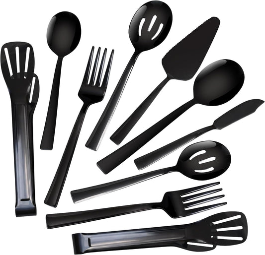 10 Piece Serving Utensils, Amafox Stainless Steel Utensils Set Include Large Spoons, Slotted Spoons, Forks,Appetizer Tongs 9'', Cake Server,Butter Knife, for Buffet Catering Banquet Party(Black)
