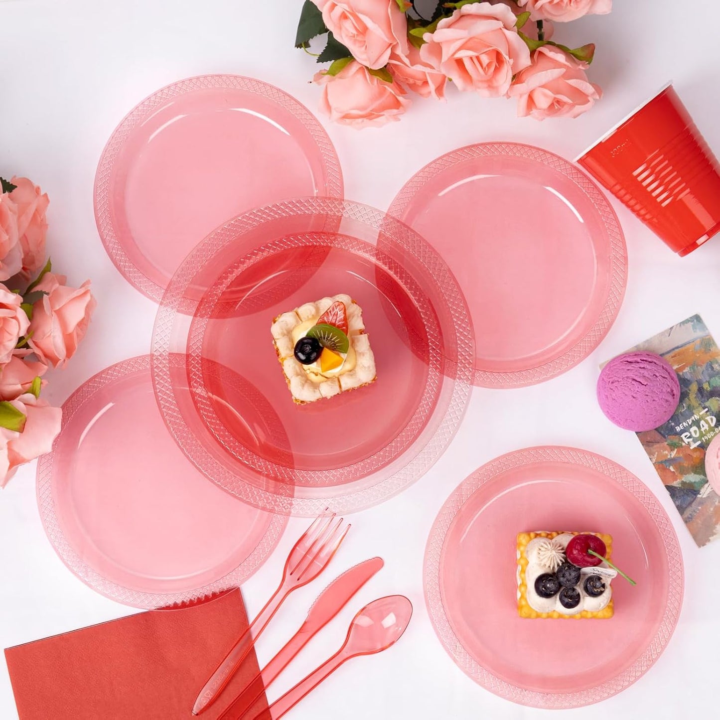 WELLIFE 210Pcs Red Plastic Plates,Clear Red Plastic Dinnerware Set,Party Supplies Including Clear Plates, 12OZ Cups, Disposable Cutlery and Paper Napkins Serve 30 Guests, Disposable Plates for Party