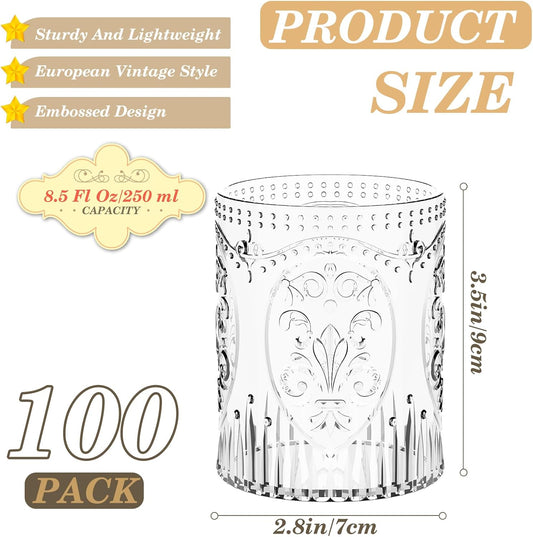 100 Plastic Vintage Drinking Glasses 8.5oz Stemless Retro Embossed Wine Glasses Shatterproof Reusable Cups for Baby Shower Wedding Reception Grand Event Party (Clear)