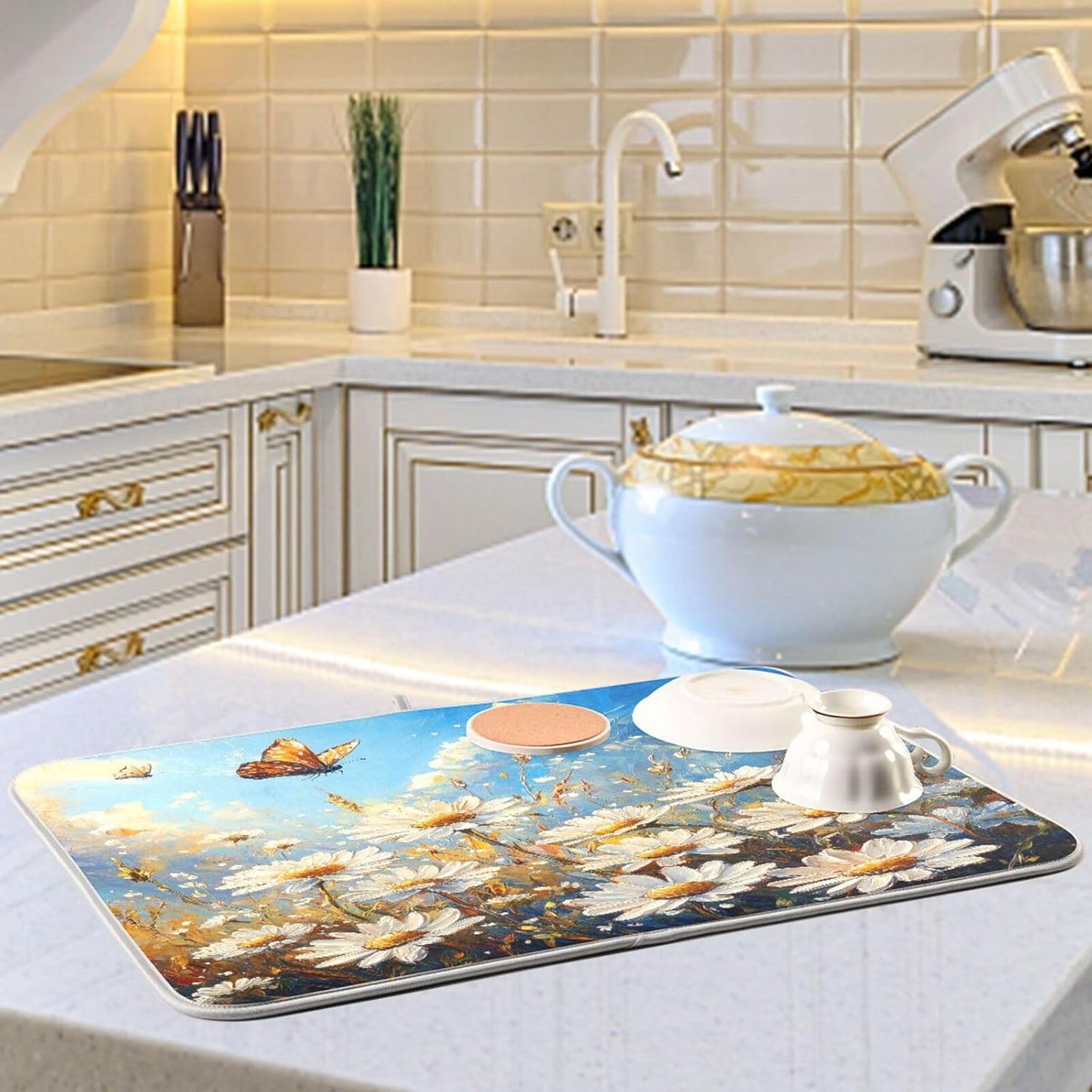 Daisies and Butterfly Painting Dish Drying Mat for Kitchen Counter Super Absorbent Dishes Pad Reversible Microfiber Protector Dish Draining Mats 16x18 inch