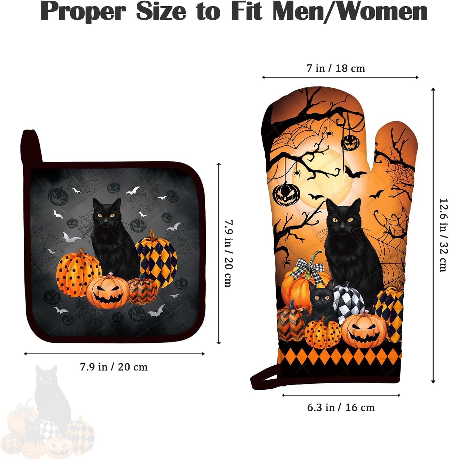 Halloween Cat Oven Mitts and Pot Holders Sets 2Pcs, 100% Cotton Heat Resistant, Extra Long Oven Gloves Potholder for Kitchen Cooking Baking Decoration