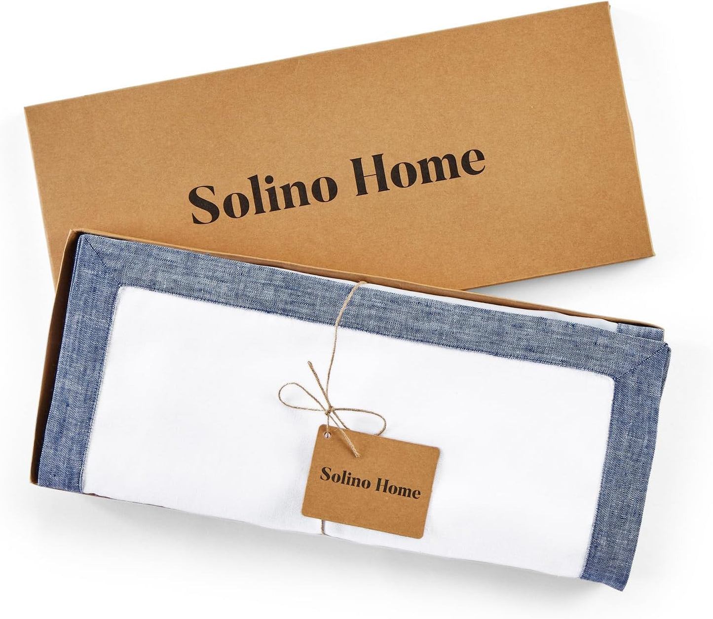 Solino Home Linen Table Runner 120 Inches Long - 100% Pure Linen Chambray Indigo and White Table Runner 14 x 120 Inch - Classic
