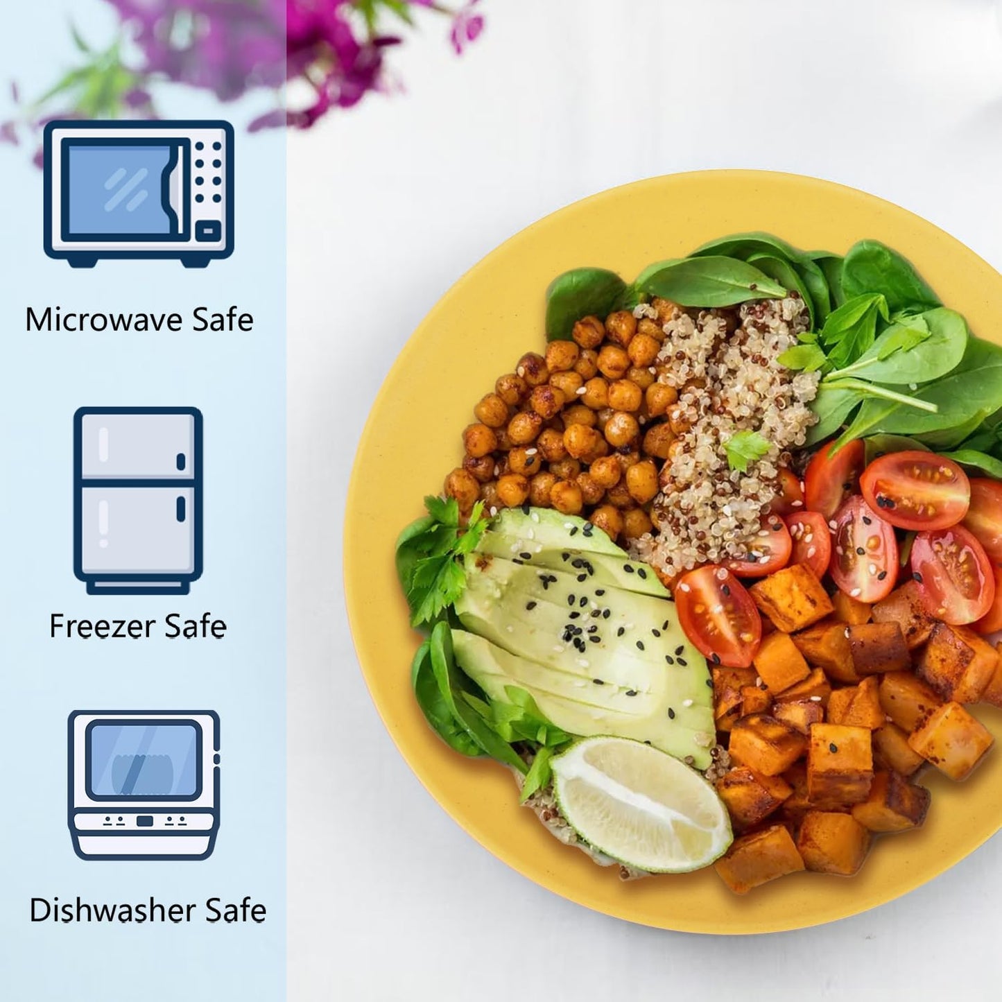 Homienly Flat Dinner Plates Set - 8 Microwave & Dishwasher Safe Wheat Straw Plates, Unbreakable, 9 inch Yellow