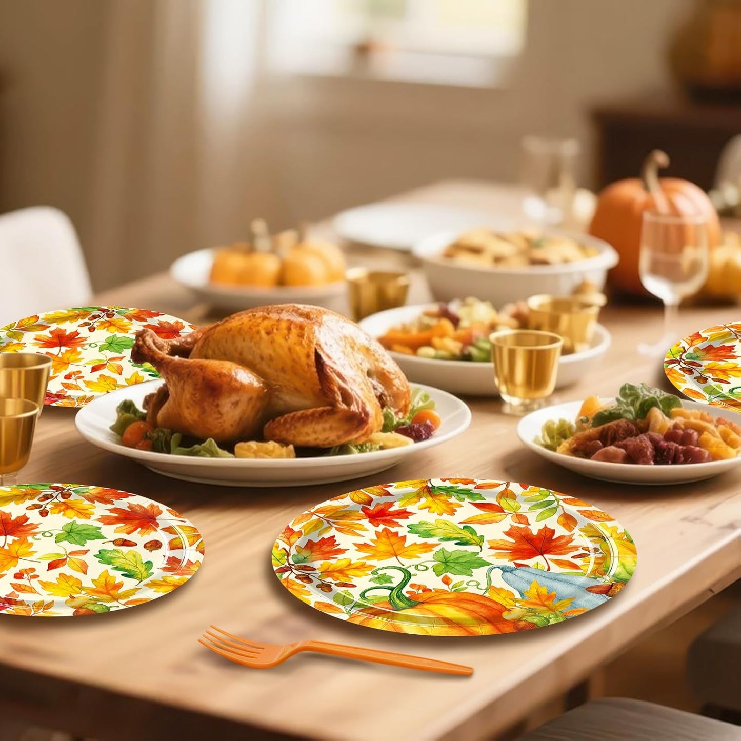 96 Pieces Fall Pumpkin Party Tableware Set – Autumn-Themed Disposable Plates, Napkins, and Orange Forks for Thanksgiving, Harvest Festivals, and Fall Gatherings – Serves 24 Guests