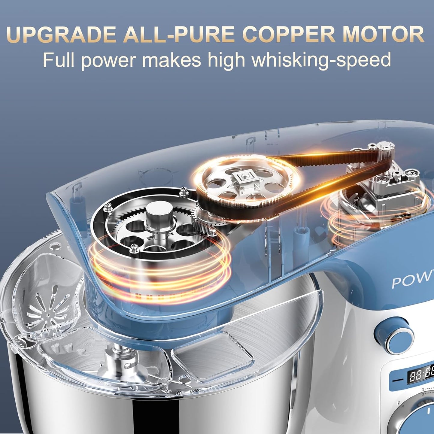 Stand Mixer, POWWA 6.5 QT 10 Speeds Tilt-Head Electric Stand Mixer, 3-In-1 Kitchen Mixer with Bowl, Dough Hook, Whisk and Beater, Food Mixer for Baking and Daily Use (White Blue)