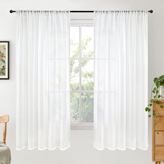 BGment White Semi Sheer Linen Curtains 63 Inch Length for Bedroom 2 Panels Set - Textured Light Filtering Drapes with Rod Pocket Lightweight Window Treatments for Living Room, 52 X 63 Inch