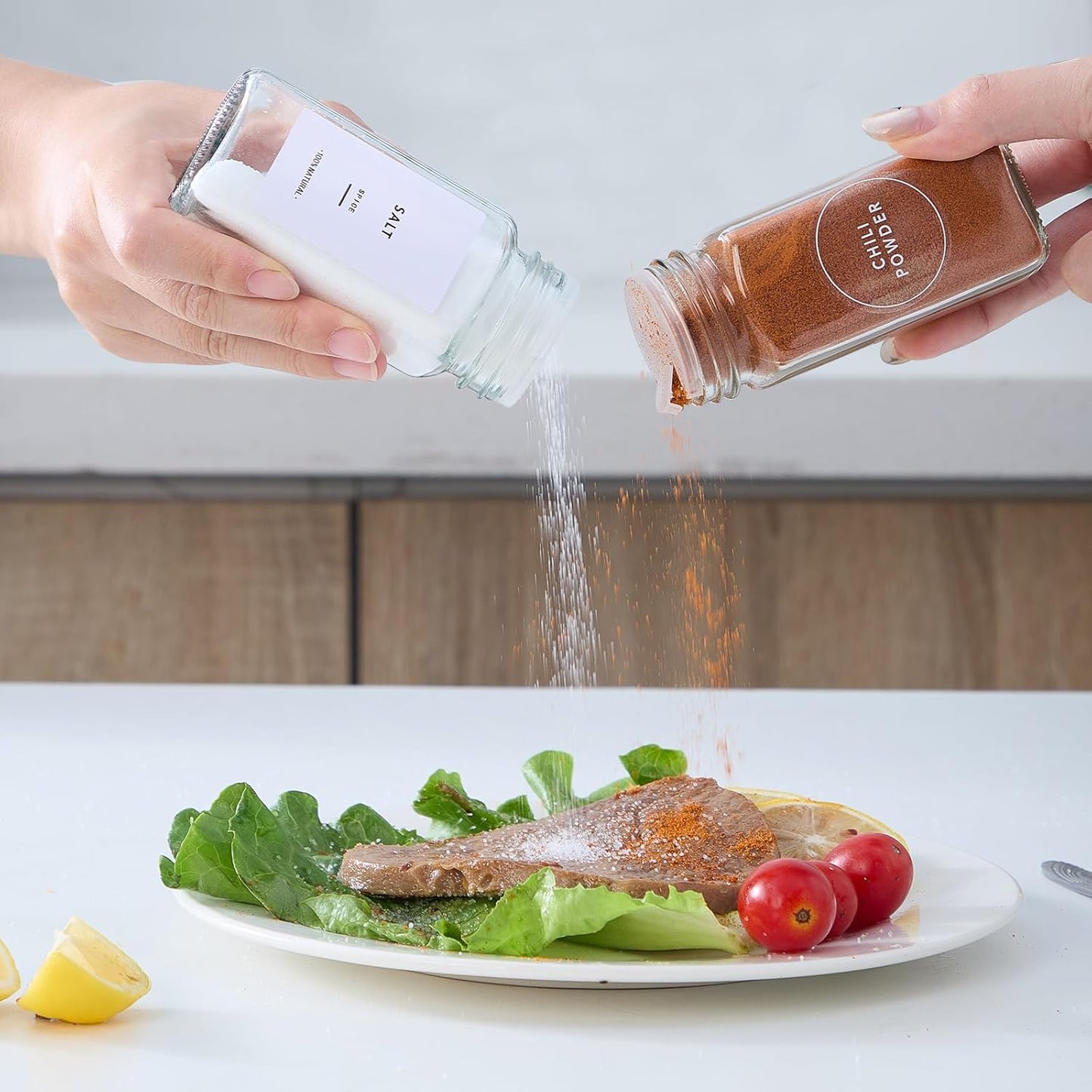 24 Pcs Glass Spice Jars with 576 Labels, 4oz Empty Square Spice Containers,Seasoning Bottles with Gold Metal Caps - Shaker Lids, Funnel and Pen Included