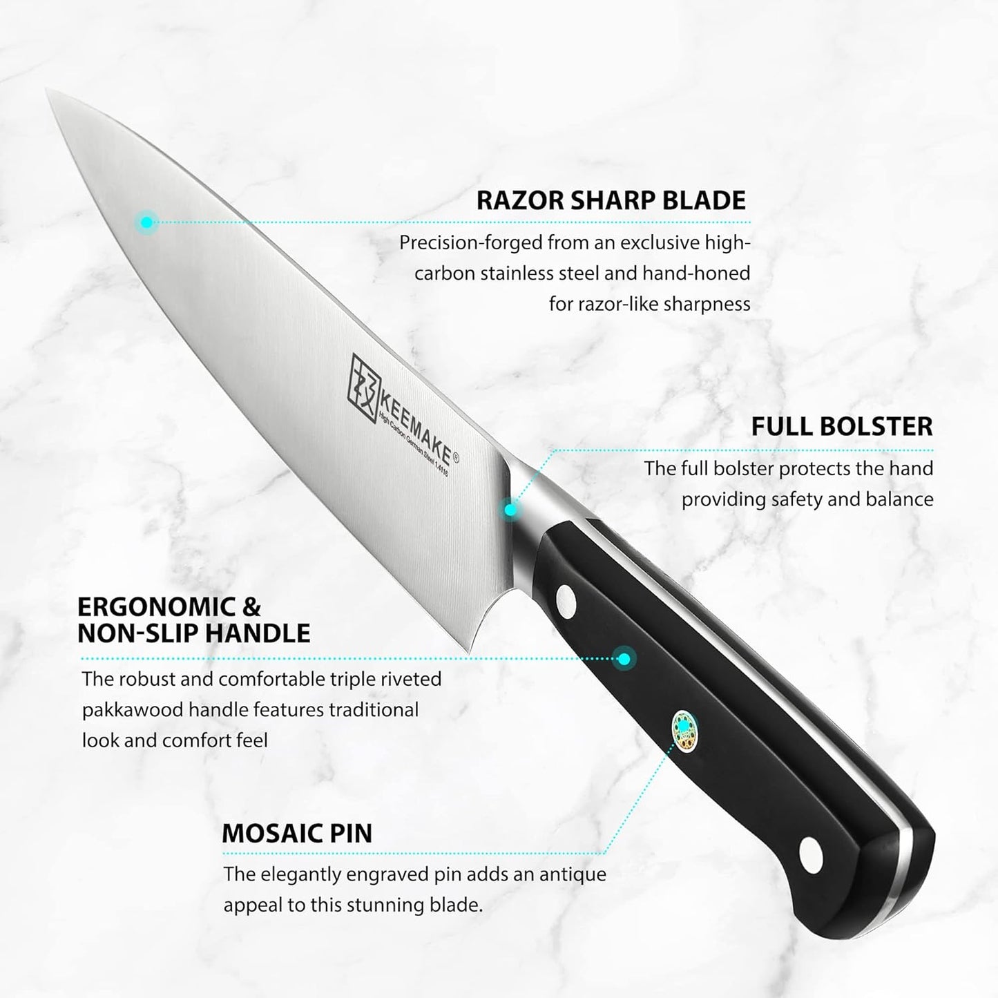 KEEMAKE Kitchen Knife Set with Block, 8Pcs Razor Sharp Chef Knife Set, High Carbon Stainless Steel Knife Block Set with Kitchen Scissors, Cooking Knife Set for Meat Vegetable Fruit