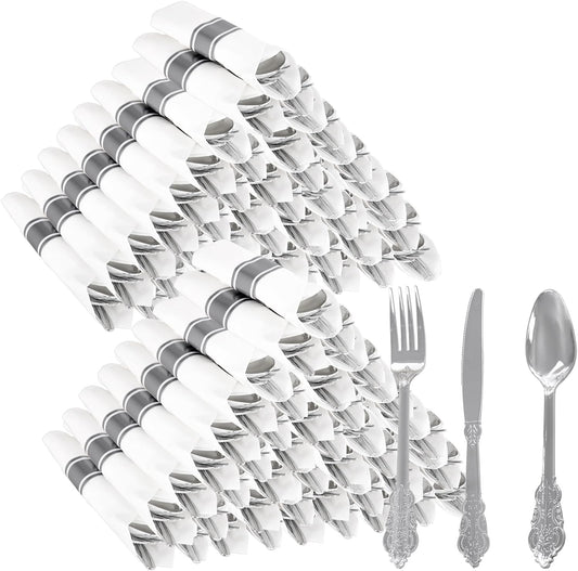 WELLIFE 50 Pack Silver Plastic Silverware, Plastic Cutlery Set Include 50 Forks, 50 Knives, 50 Spoons and 50 Pre Rolled Napkins, Disposable Utensils for Party and Wedding