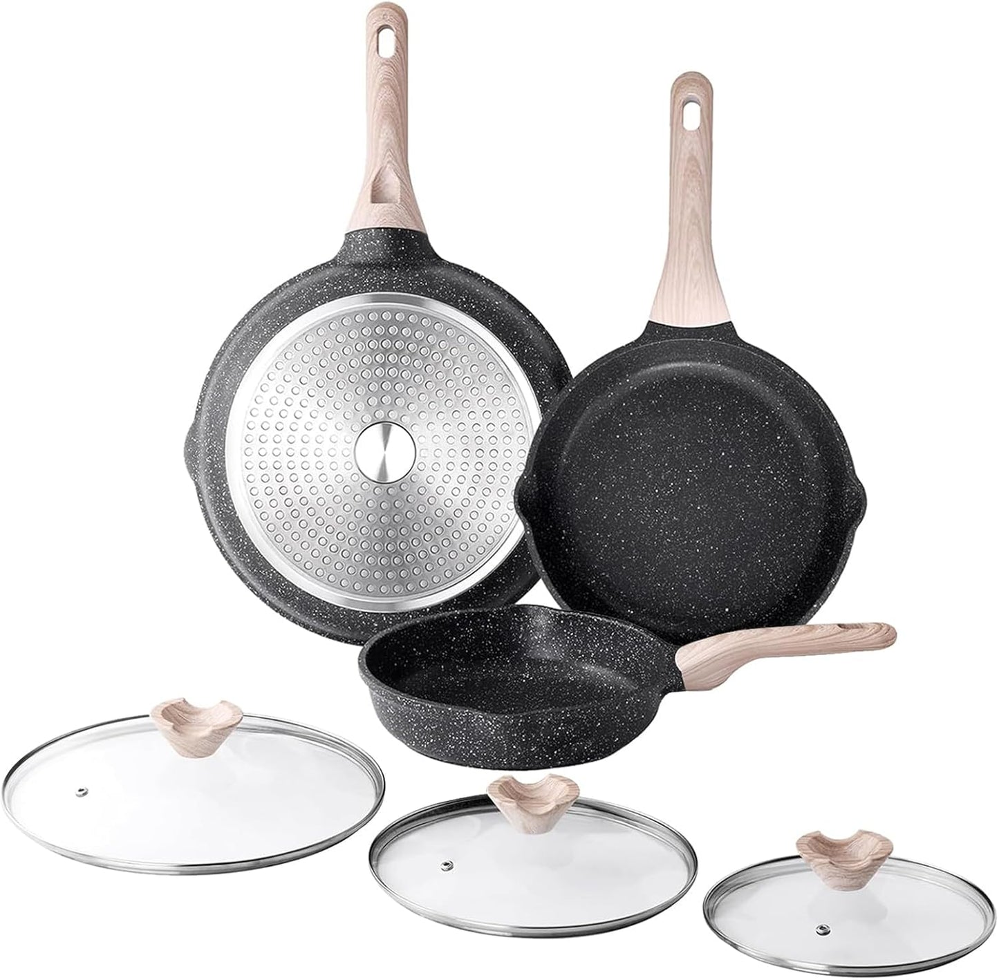 Kordisen Nonstick Frying Pan Set with Lids, 3 Piece Skillet Set, Healthy Induction Cookware Cooking Pan, Stay-Cool Handle, Compatible with All Stovetops, PFOA Free (9.5, 11, 12.5 Inch)