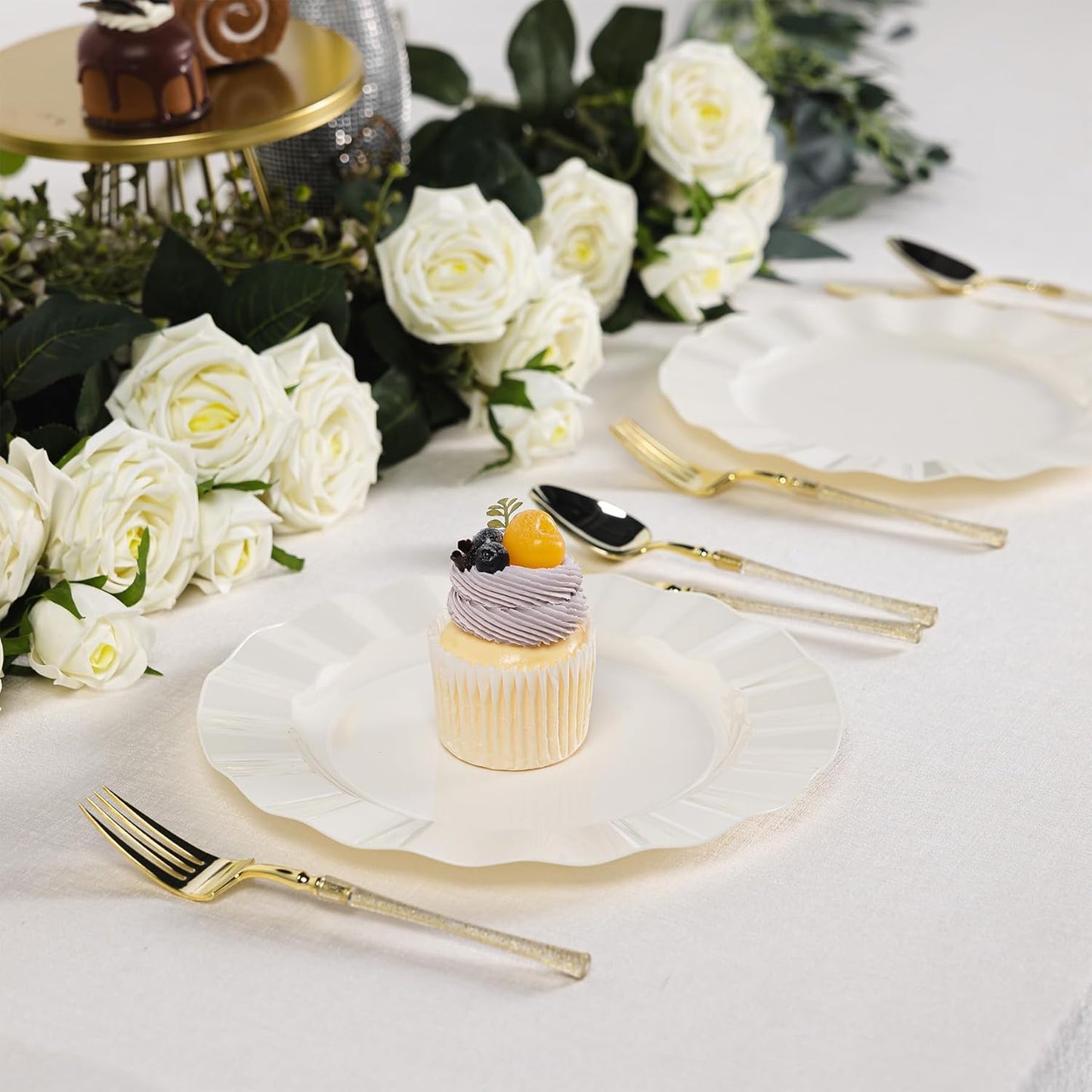 72 Pack Ivory Plastic Plates, 7" Disposable Wave Salad/Dessert Plates Elegant Heavy Duty Plate for Party, Wedding, Thanksgiving, Christmas