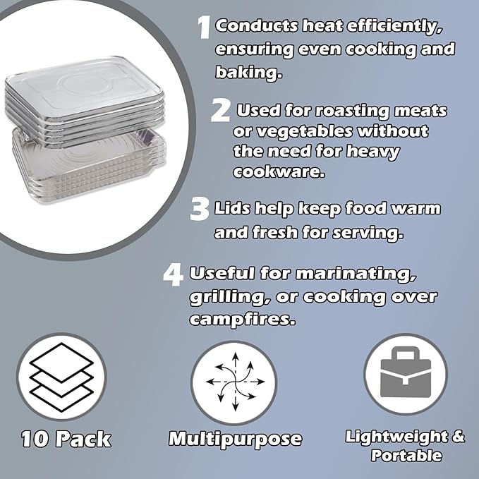 INFINITY EL Disposable Aluminum Foil Pans with Lids 10 Pack | Half-Size 12.5"x 10"x 2.5" Deep Disposable Baking Pan | Heavy Duty Aluminum Pan for Roasting Turkey, Lasagna, Thanksgiving, Christmas
