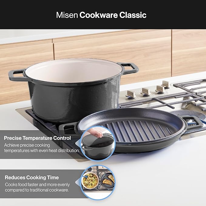 Misen 7 QT Enameled Cast Iron Dutch Oven - Chip-Resistant Enamel Coating - Thick Iron Core For Heat Retention - Large Cooking Surface - Oven Safe, Induction Compatible - Grill and Silicone Lid, Black