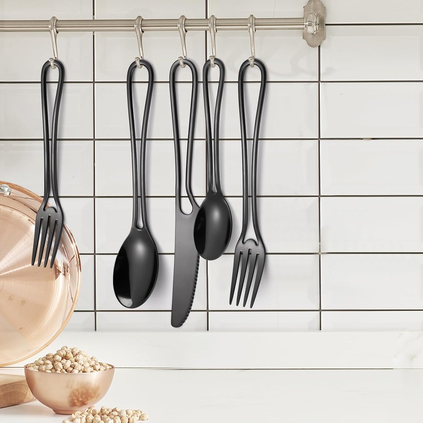 Black Silverware Hollow Flatware Set for 4 Stainless Steel Cutlery 20 Piece Hanging Forks Spoons and Knives Unique Eating Utensils for Home Restaurant Parties