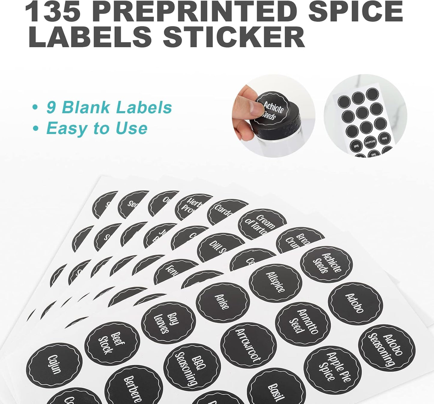 Black Countertop Rotating Spice Rack, Round Empty 20-Jars Revolving Spice Rack Organizer, 135 Spice Labels with Funnel Complete Set, for Kitchen Countertop, Cabinet