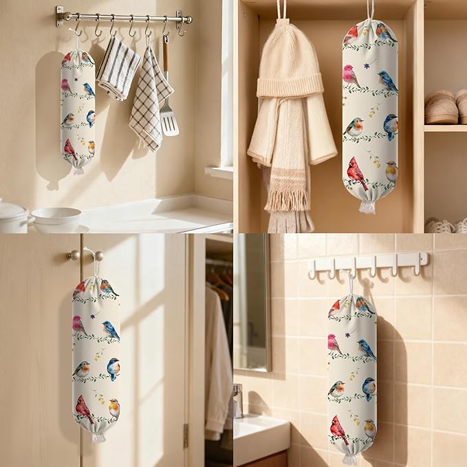 Bird Plastic Bag Holder, Wall Mount Organizer Reusable Hanging Canvas Grocery Bags, Bird Hanging Plastic Bag Dispenser for Kitchen Home Pantry Decor, Birds Shopping Bags Storage Dispenser