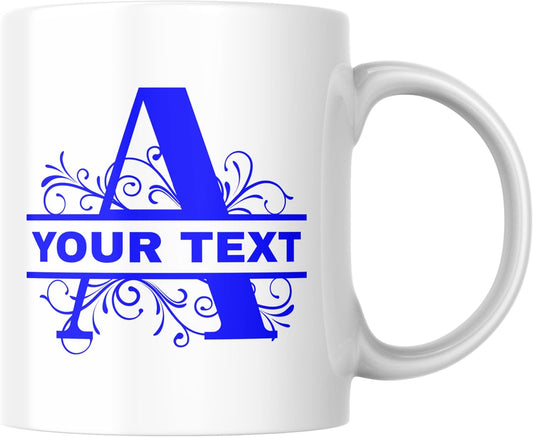 Customizable 11oz Coffee Mug - Sublimated Printed Mugs with Personalized Text, Names, and Initials. Perfect as Gifts for Men and Women for Birthdays (White Mug) (Monogram Blue)