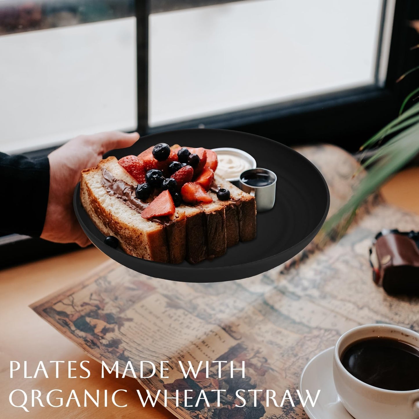 Homienly Dinner Plates Set of 8 Alternative for Plastic Plates Microwave and Dishwasher Safe Wheat Straw Plates for Kitchen Unbreakable Plate Set (Black, 10 inch)