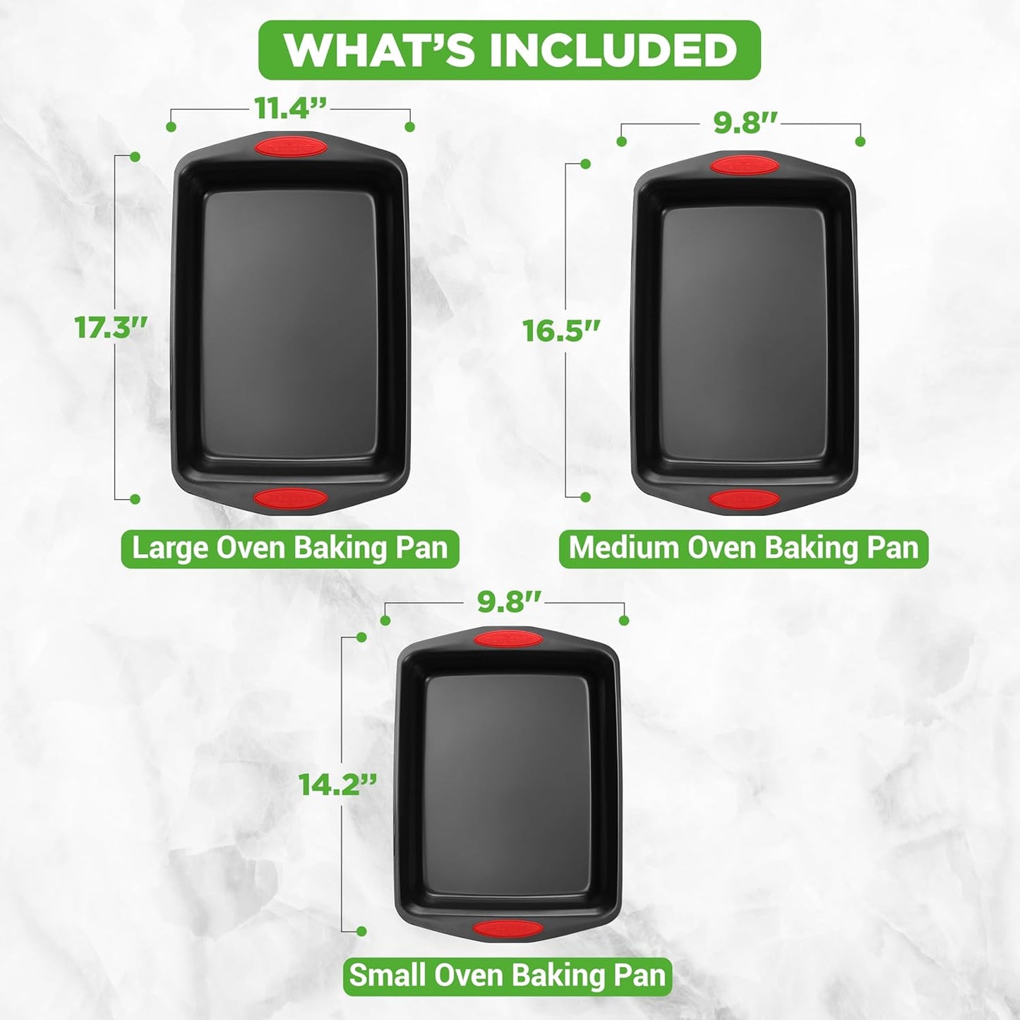 NutriChef 3-Piece Baking Pan Set - Premium Nonstick Carbon Steel Bakeware w/ Silicone Handles - Includes Large, Medium, & Small Pans for Baking & Roasting - PFOA, PFOS, PTFE Free - Black