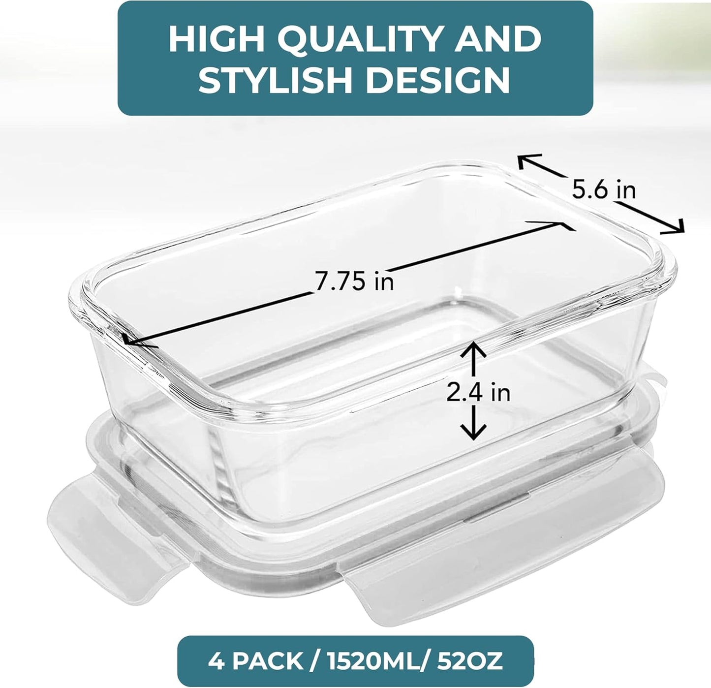 Razab 6.5 Cups / 52 Oz 4 Piece (2 Containers + 2 Lids) Glass Food Storage Containers Set with Airtight Locking Lids - For Storing, Baking & Serving BPA Free, Leakproof - Microwave, Freezer & Oven Safe