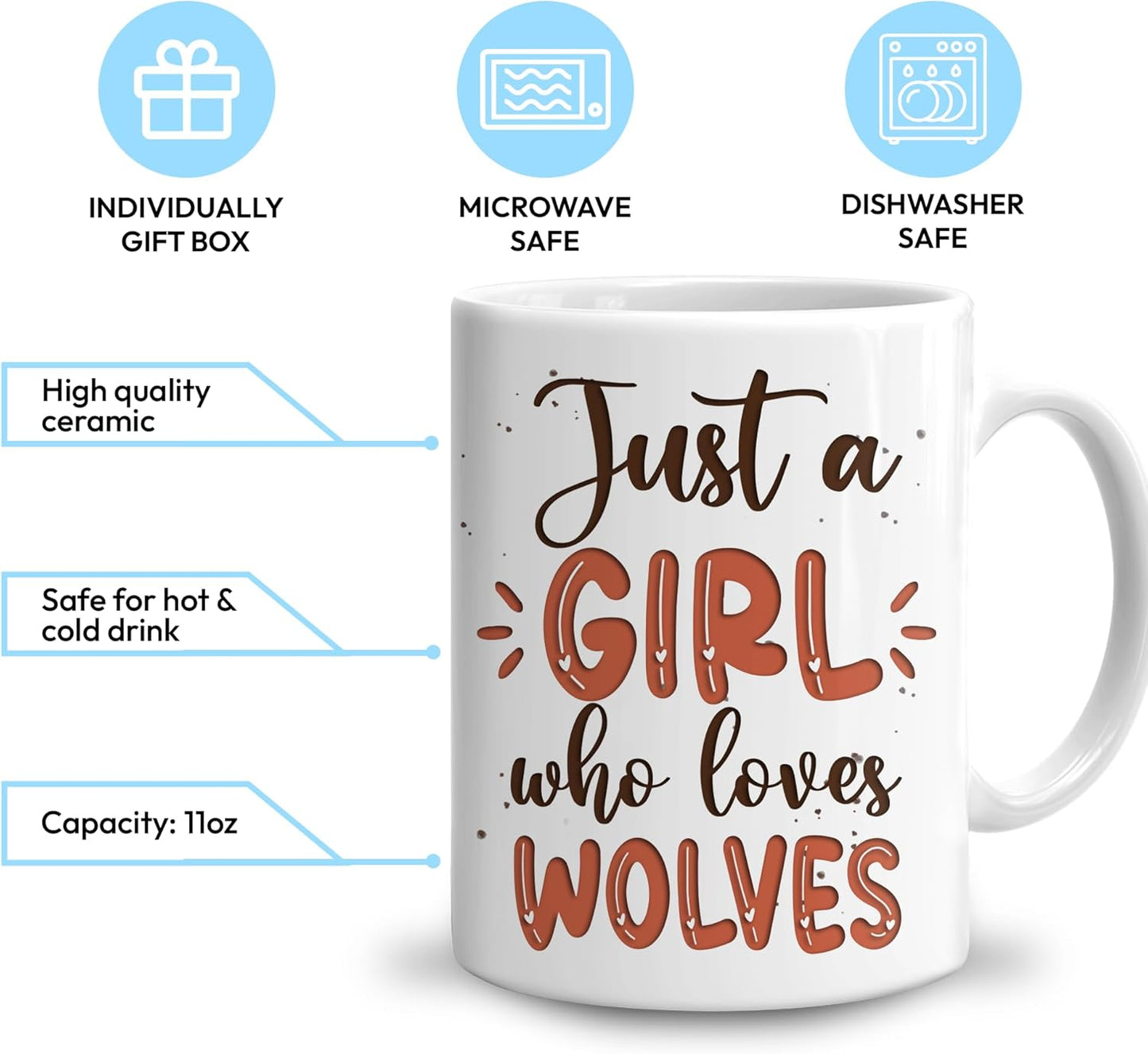 Hyturtle Personalized Gifts Wolf Lover - Just A Girl Who Loves Wolves Custom Name Ceramic Coffee Mug Cup 11oz - Idea Cute Animal Lover Gifts For Women, Girl Daughter On Birthday, Christmas