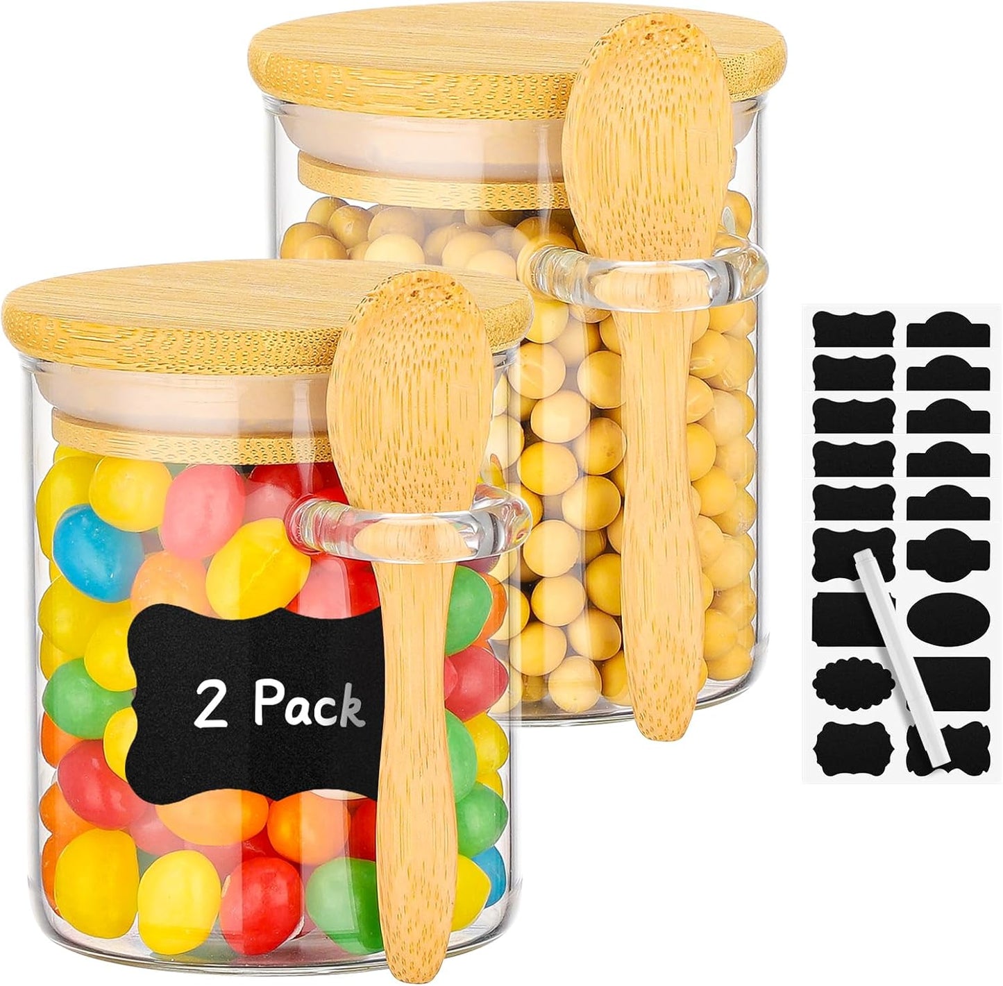 Glass Jar with Bamboo Lids and Spoons - 2 Pack 6 Fl.oz Airtight Round Glass Pantry Containers Set, Includes Labels and Marker, Food Storage Canisters for kitchen for Spice, Coffee, Sugar, Tea