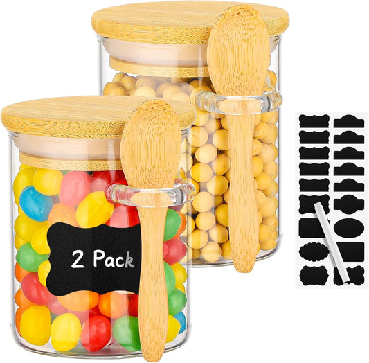 Glass Jar with Bamboo Lids and Spoons - 2 Pack 6 Fl.oz Airtight Round Glass Pantry Containers Set, Includes Labels and Marker, Food Storage Canisters for kitchen for Spice, Coffee, Sugar, Tea