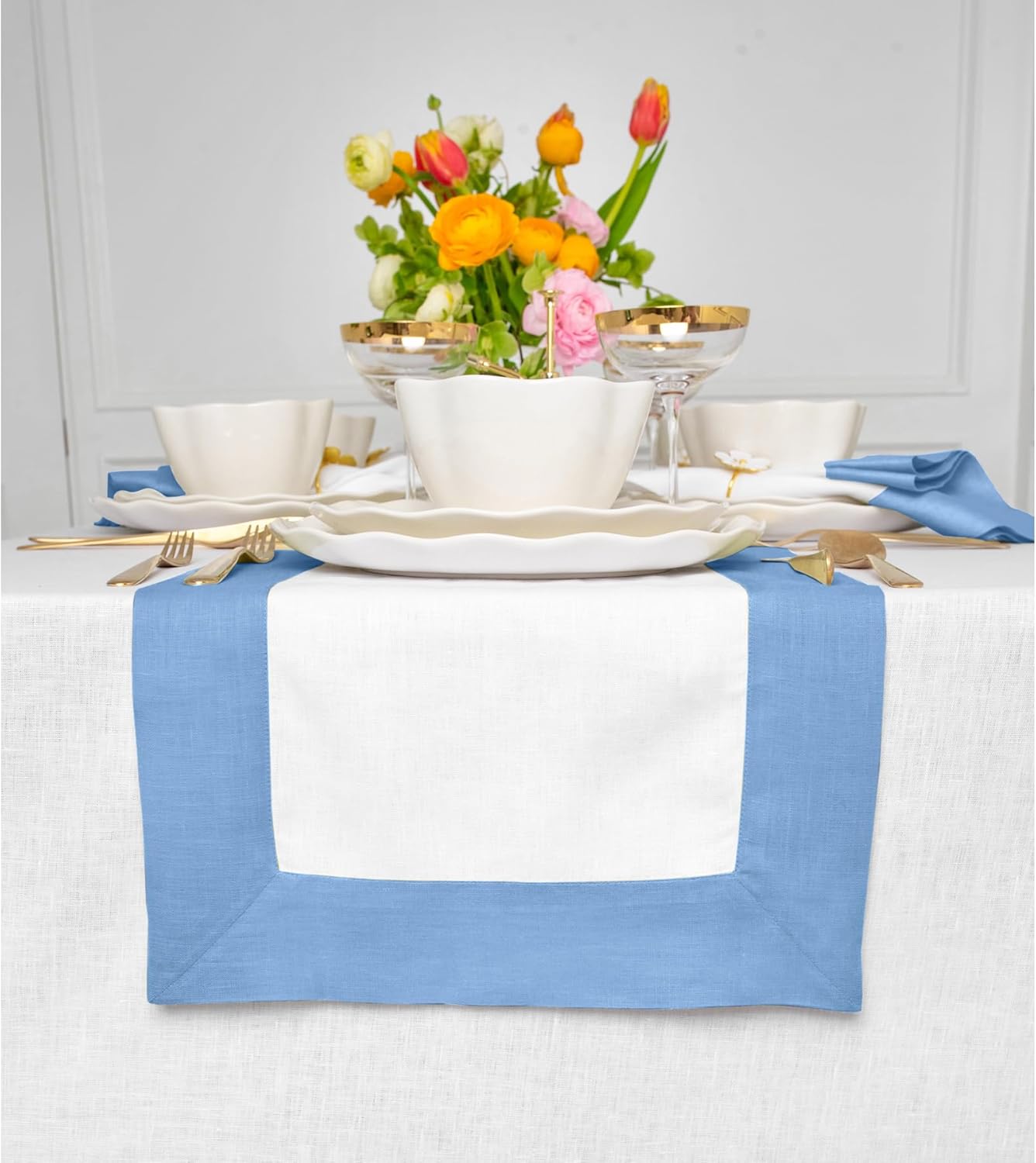 Solino Home Linen Table Runner 36 Inches - 100% Pure Linen Cornflower Blue and White Short Table Runner 14 x 36 Inch Ideal for Dresser and Coffee Tables - Contempo