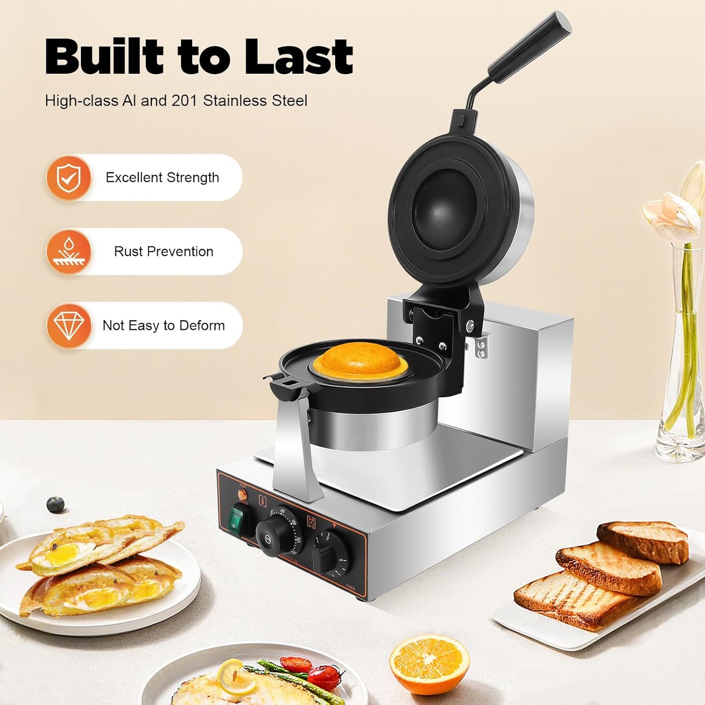1000/2400W Burger Waffle Maker Burger Waffle Machine Nonstick Electric Panini Press 50~300℃ Temp. Stainless Steel Waffle Maker for Home Kitchens, Breakfast Shops, Mobile Vendors (AGE-2)