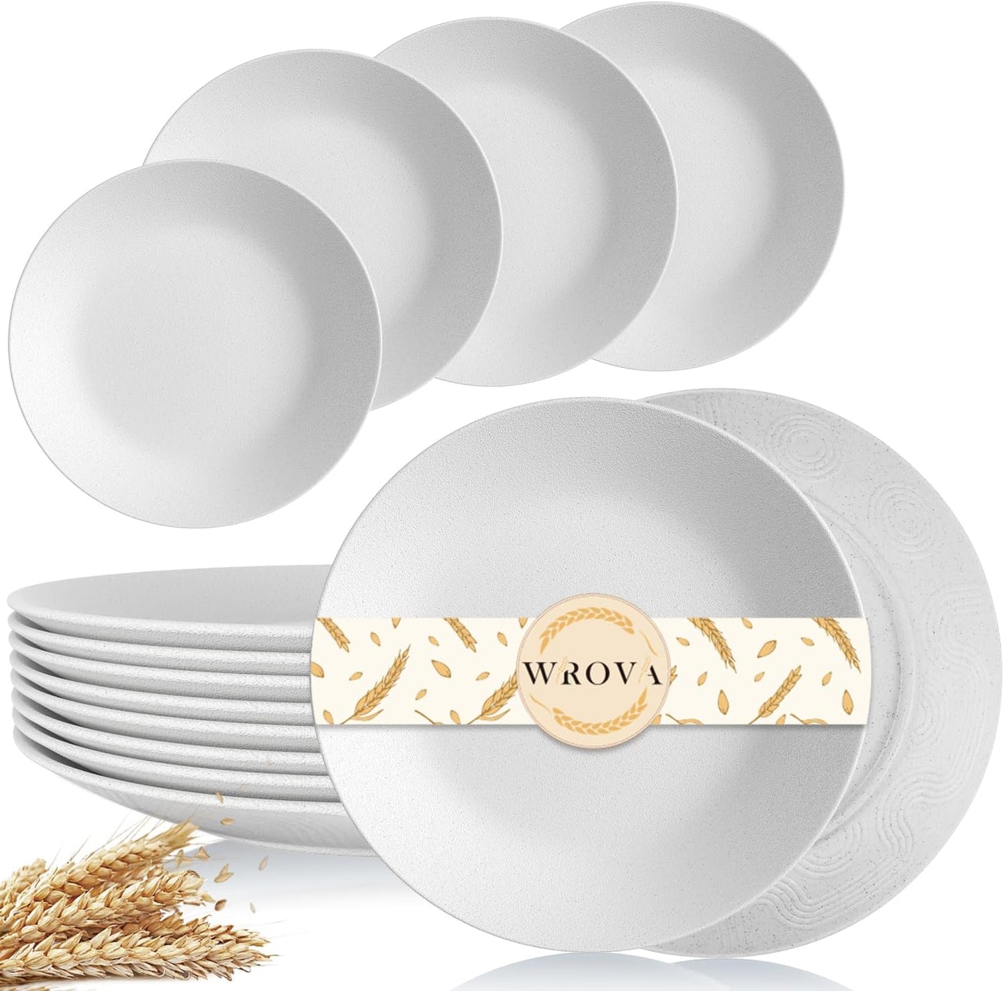 Wrova Wheat Straw Dinner Plates 9 Inch Unbreakable Set of 8 - Dishwasher & Microwave Safe Plastic Plates Reusable - Lightweight Plates for kitchen,camping,salad,appetizer - White
