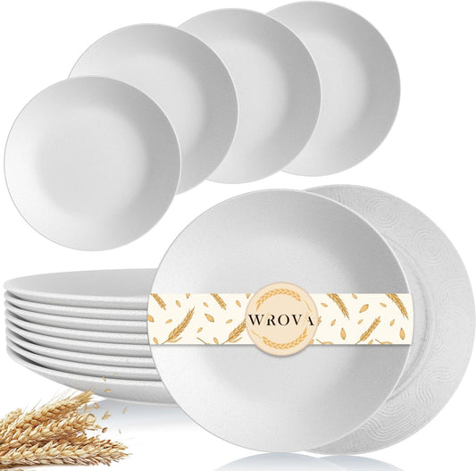 Wrova Wheat Straw Dinner Plates 9 Inch Unbreakable Set of 8 - Dishwasher & Microwave Safe Plastic Plates Reusable - Lightweight Plates for kitchen,camping,salad,appetizer - White