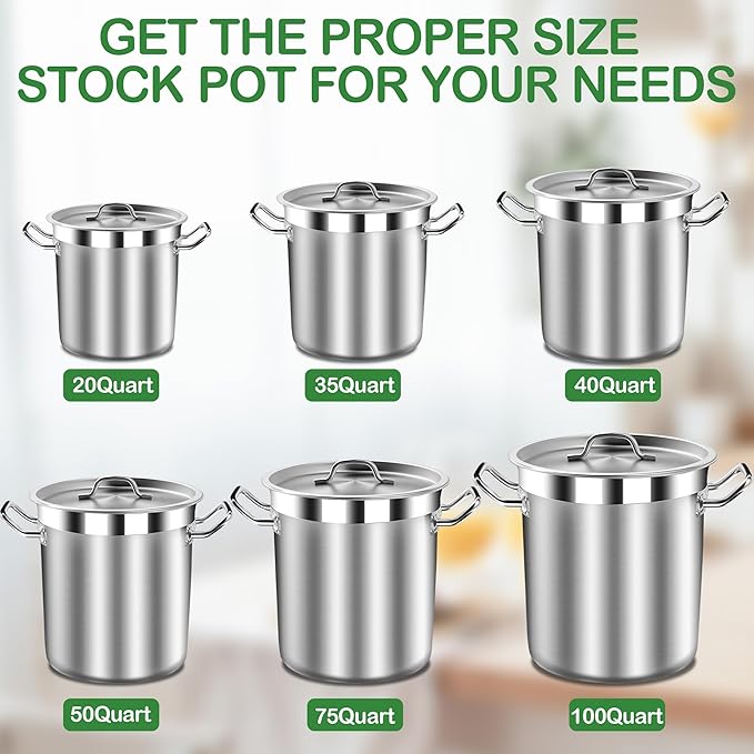 Commercial Grade Large Stock Pot - Soup Pot with Lid - Non-Nickel Stainless Steel - Healthy Cookware Polished Stockpots - Heavy Duty - 35 Quart (8.8Gallon)