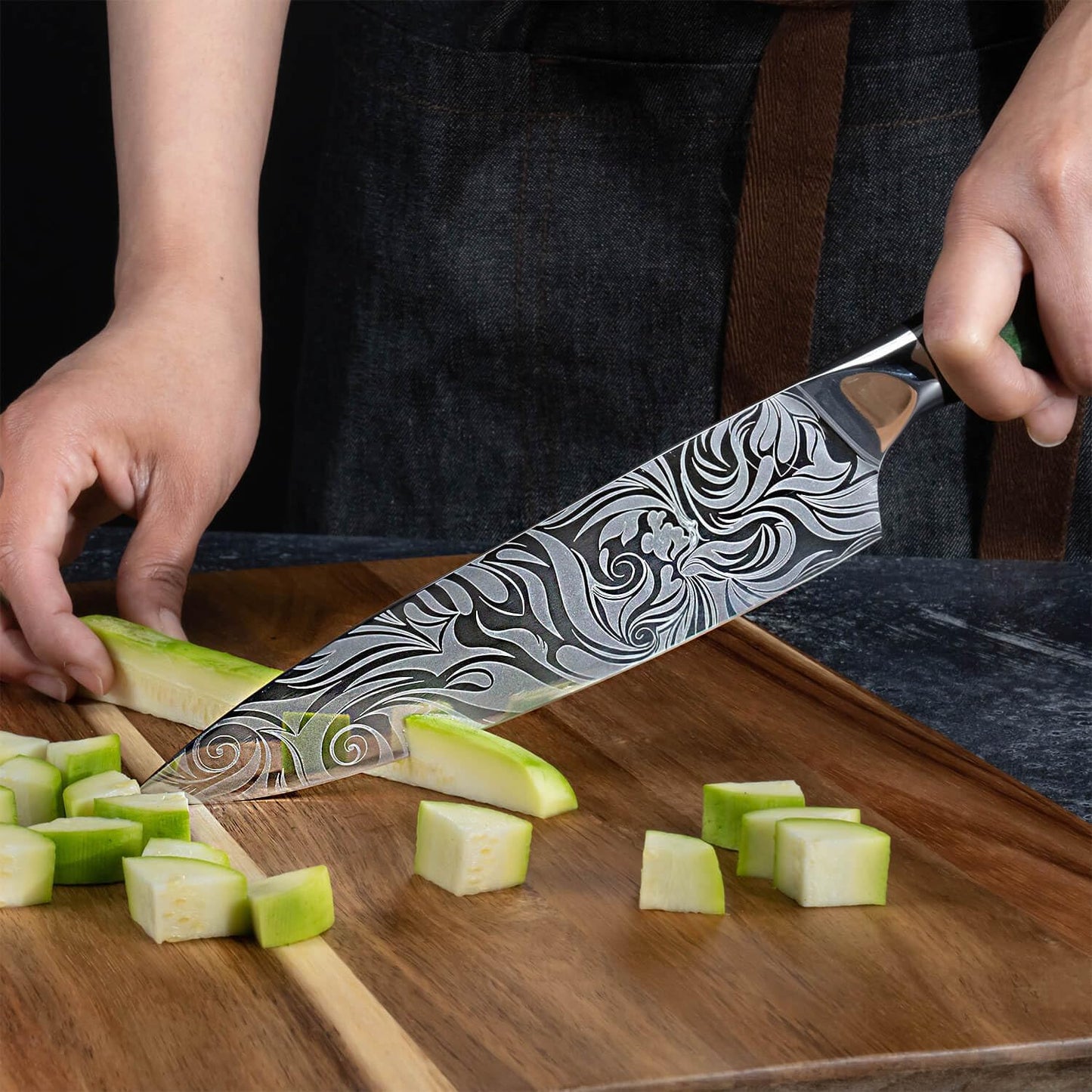 SENKEN 8-piece Engraved Japanese Kitchen Knife Set & Beautiful Green Resin Epoxy Handles - Wasabi Collection - Chef's Knife, Bread Knife, Cleaver Knife, Paring Knife, & More